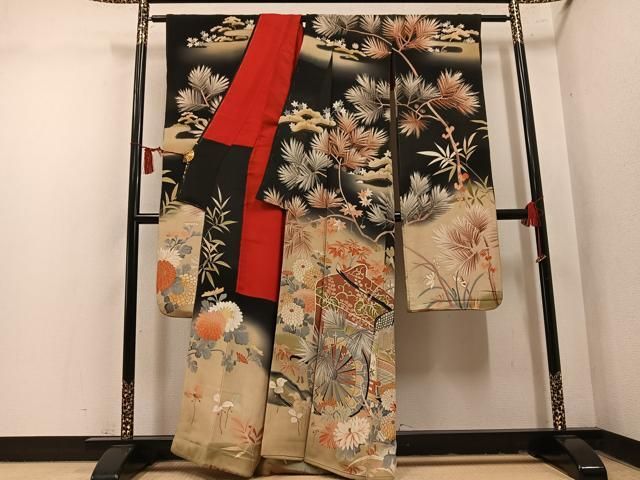 平和屋本店●アンティーク　大正ロマン　振袖　御所車草花文　暈し染め　黒地　正絹　逸品　AABN8303ph