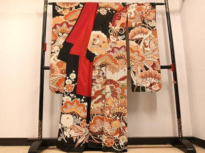 平和屋本店●アンティーク　大正ロマン　振袖　駒刺繍　檜扇群れ鶴花文　黒地　金彩　正絹　逸品　AABN8304ph