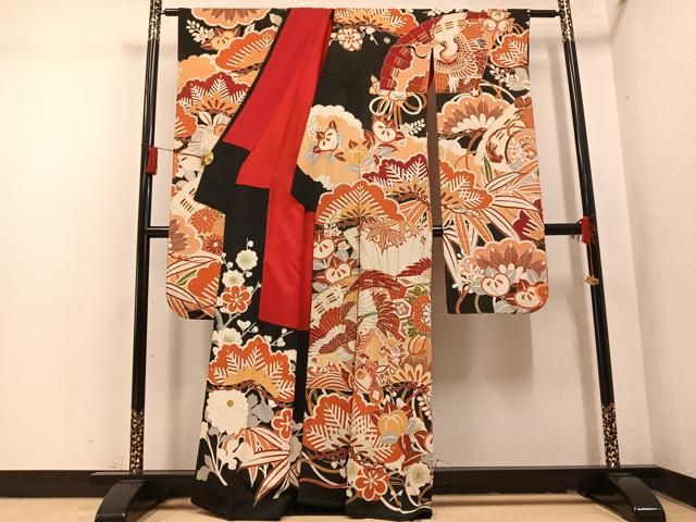 平和屋本店●アンティーク　大正ロマン　振袖　駒刺繍　檜扇群れ鶴花文　黒地　金彩　正絹　逸品　AABN8304ph