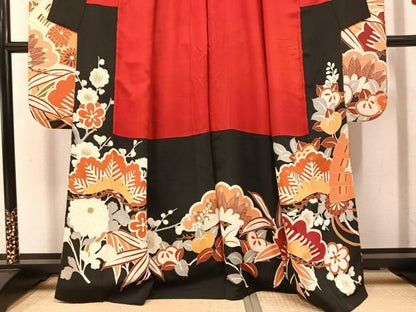 平和屋本店●アンティーク　大正ロマン　振袖　駒刺繍　檜扇群れ鶴花文　黒地　金彩　正絹　逸品　AABN8304ph