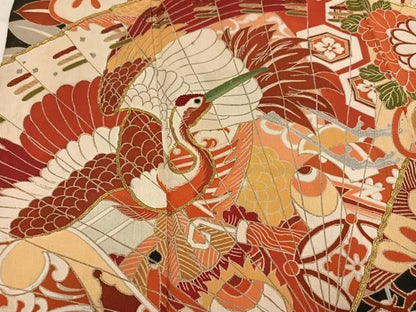 平和屋本店●アンティーク　大正ロマン　振袖　駒刺繍　檜扇群れ鶴花文　黒地　金彩　正絹　逸品　AABN8304ph