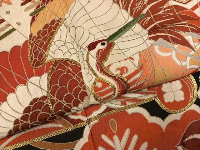 平和屋本店●アンティーク　大正ロマン　振袖　駒刺繍　檜扇群れ鶴花文　黒地　金彩　正絹　逸品　AABN8304ph