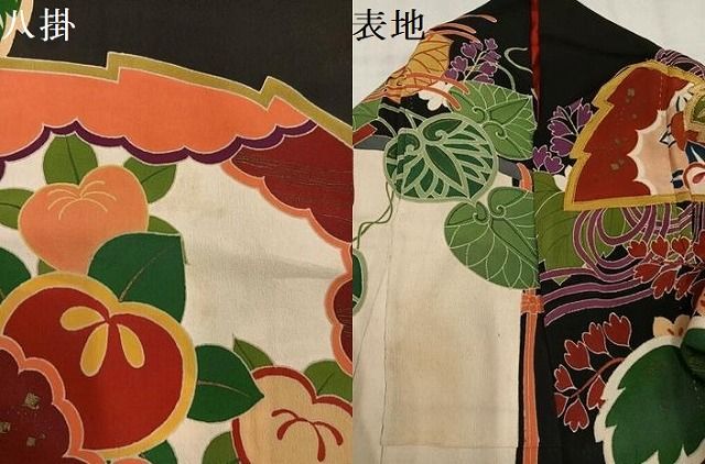 平和屋本店●アンティーク　大正ロマン　振袖　駒刺繍　草花吉祥鼓文　黒地　金彩　正絹　逸品　AABN8305ph
