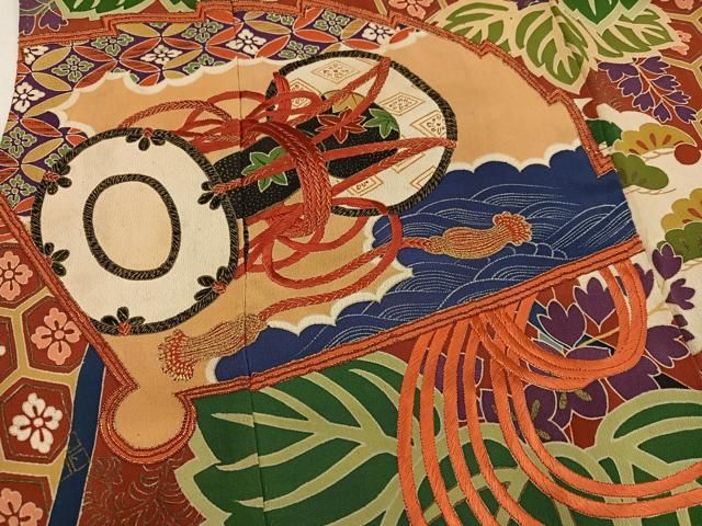 平和屋本店●アンティーク　大正ロマン　振袖　駒刺繍　草花吉祥鼓文　黒地　金彩　正絹　逸品　AABN8305ph