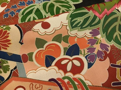 平和屋本店●アンティーク　大正ロマン　振袖　駒刺繍　草花吉祥鼓文　黒地　金彩　正絹　逸品　AABN8305ph