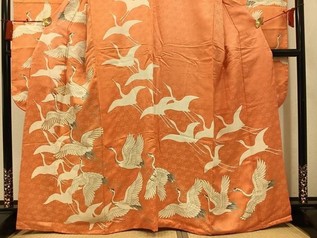 平和屋着物●豪華振袖　駒刺繍　群れ鶴文　金彩　正絹　逸品　AABN8309ph