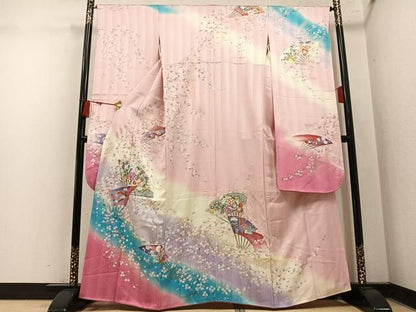 平和屋着物●豪華振袖　扇面草花舞蝶文　暈し染め　金銀彩　正絹　逸品　AABN8317ph