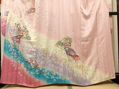 平和屋着物●豪華振袖　扇面草花舞蝶文　暈し染め　金銀彩　正絹　逸品　AABN8317ph