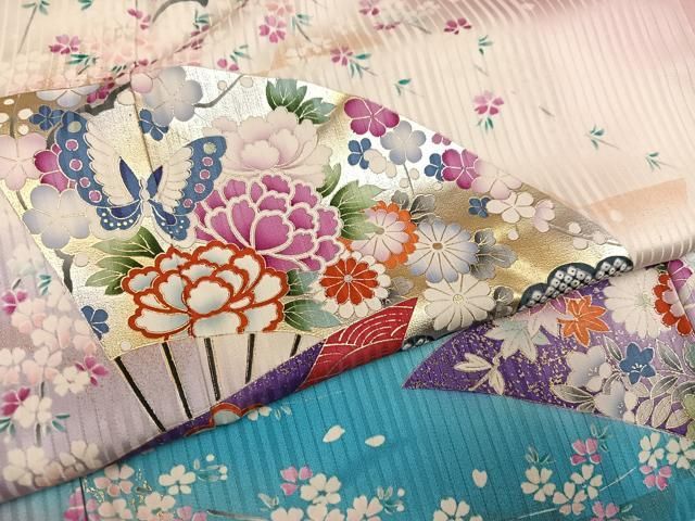 平和屋着物●豪華振袖　扇面草花舞蝶文　暈し染め　金銀彩　正絹　逸品　AABN8317ph