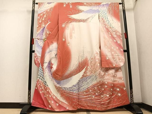 平和屋着物●豪華振袖　刺繍　孔雀文　暈し染め　金銀彩　正絹　逸品　AABN8319ph