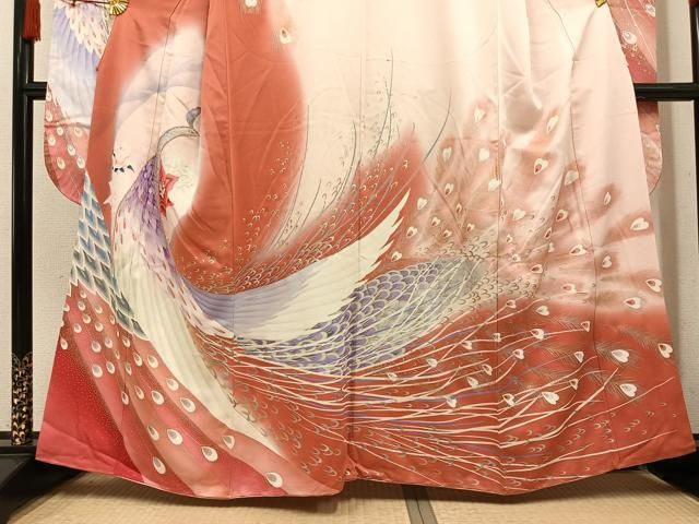 平和屋着物●豪華振袖　刺繍　孔雀文　暈し染め　金銀彩　正絹　逸品　AABN8319ph