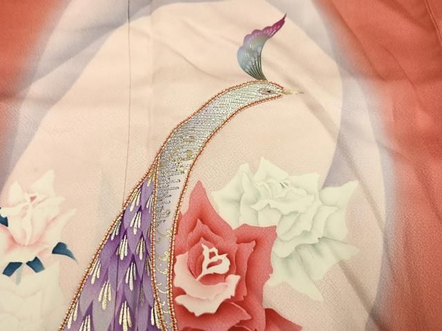 平和屋着物●豪華振袖　刺繍　孔雀文　暈し染め　金銀彩　正絹　逸品　AABN8319ph