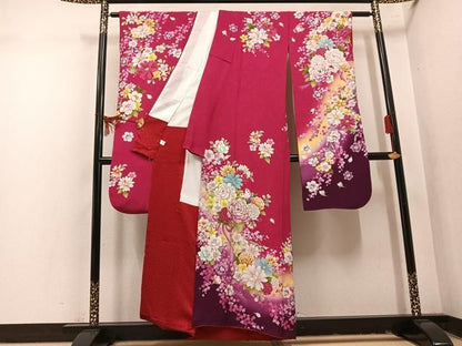平和屋着物●豪華振袖　刺繍　花蝶文　暈し染め　金糸　正絹　逸品　AABN8329ph