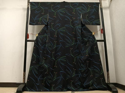 平和屋着物●上質な小紋　飛鳥文　黒地　さが美扱い　正絹　逸品　AABN8337ph