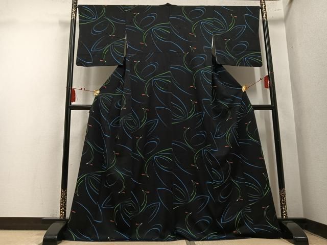 平和屋着物●上質な小紋　飛鳥文　黒地　さが美扱い　正絹　逸品　AABN8337ph