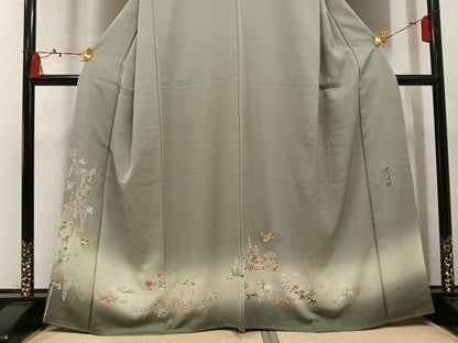 平和屋着物●螺鈿作家　甲斐泰造　訪問着　螺鈿　花鳥文　暈し染め　金彩　正絹　逸品　AABN8346ph