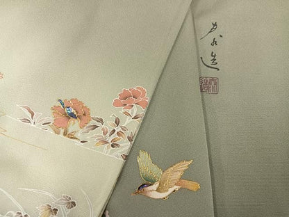 平和屋着物●螺鈿作家　甲斐泰造　訪問着　螺鈿　花鳥文　暈し染め　金彩　正絹　逸品　AABN8346ph