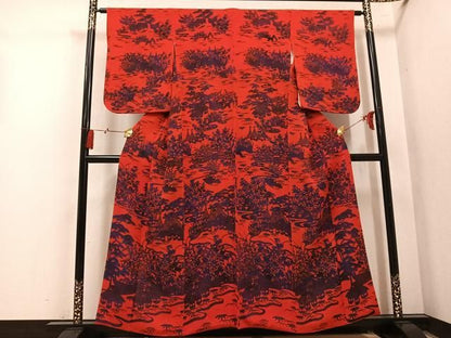 平和屋着物●訪問着　型染め　風景草花文　鬼しぼ縮緬　正絹　逸品　AABN8358ph
