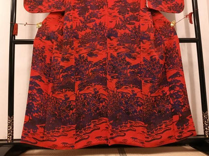 平和屋着物●訪問着　型染め　風景草花文　鬼しぼ縮緬　正絹　逸品　AABN8358ph
