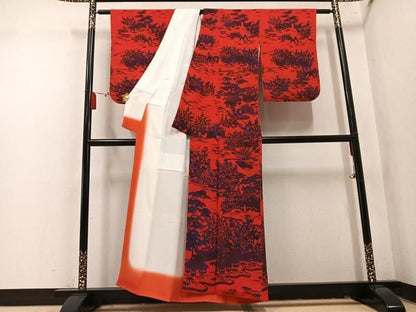 平和屋着物●訪問着　型染め　風景草花文　鬼しぼ縮緬　正絹　逸品　AABN8358ph