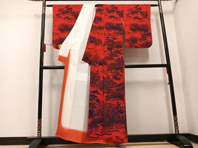 平和屋着物●訪問着　型染め　風景草花文　鬼しぼ縮緬　正絹　逸品　AABN8358ph
