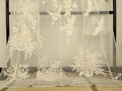 平和屋着物＊夏物　お引きずり・お引き摺り・引き振袖　オーガンジー　花車飛鶴文　洗える着物　AABN8488jd