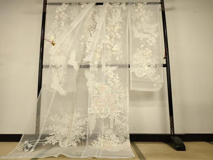 平和屋着物＊夏物　お引きずり・お引き摺り・引き振袖　オーガンジー　花車飛鶴文　洗える着物　AABN8488jd