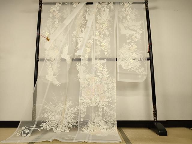 平和屋着物＊夏物　お引きずり・お引き摺り・引き振袖　オーガンジー　花車飛鶴文　洗える着物　AABN8488jd