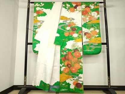 平和屋着物●豪華振袖　駒刺繍　風景花文　金彩　正絹　逸品　AABN8722ck