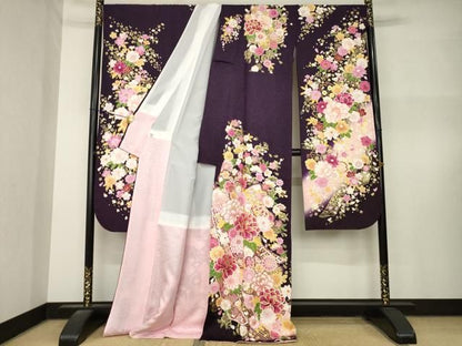 平和屋着物●豪華振袖　蔓帯花文　金銀糸　金彩　銀通し地　ロング丈　正絹　逸品　AABN8730ck