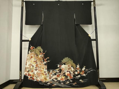平和屋着物●創業460年・千總　黒留袖　駒刺繍　幔幕御所車花文　金彩　正絹　逸品　AABN8754ck