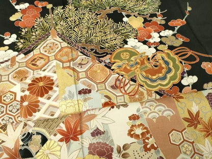 平和屋着物●創業460年・千總　黒留袖　駒刺繍　幔幕御所車花文　金彩　正絹　逸品　AABN8754ck