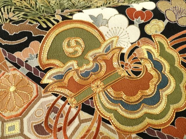 平和屋着物●創業460年・千總　黒留袖　駒刺繍　幔幕御所車花文　金彩　正絹　逸品　AABN8754ck
