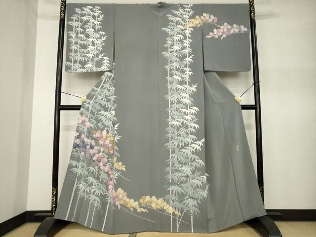 平和屋着物●十日町友禅作家　村松竜介　訪問着　笹竹楓文　正絹　逸品　AABN8766ck