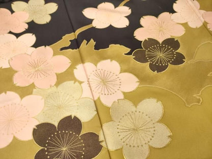 平和屋着物●ジャパンオートクチュール　渡辺雪三郎　振袖　刺繍　桜　金糸　金彩　ロング丈　正絹　逸品　AABN8772ck