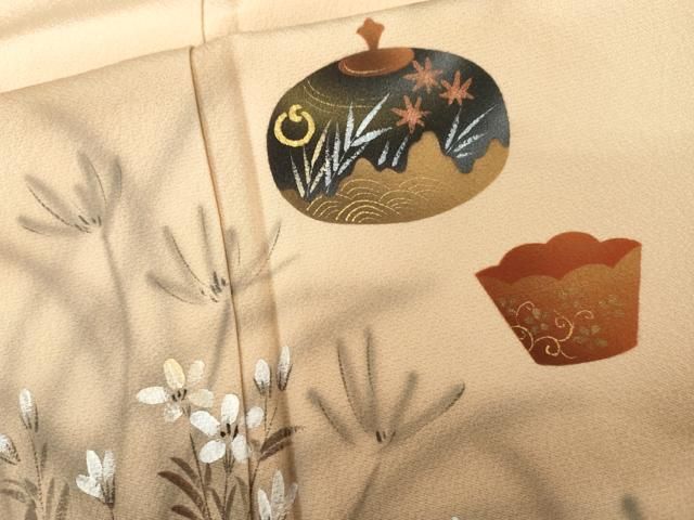 平和屋着物●訪問着　手描き　陶器花文　金彩　正絹　逸品　AABN9161cs