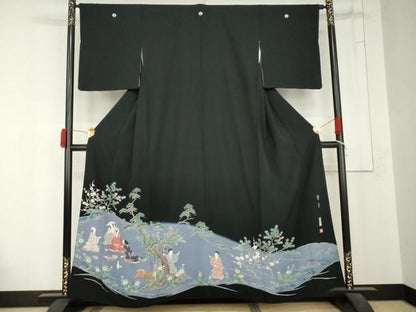 平和屋着物●本加賀友禅作家　浜谷豊右　豪華黒留袖　人物風景文　正絹　逸品　AABN9163cs