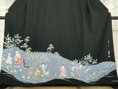 平和屋着物●本加賀友禅作家　浜谷豊右　豪華黒留袖　人物風景文　正絹　逸品　AABN9163cs