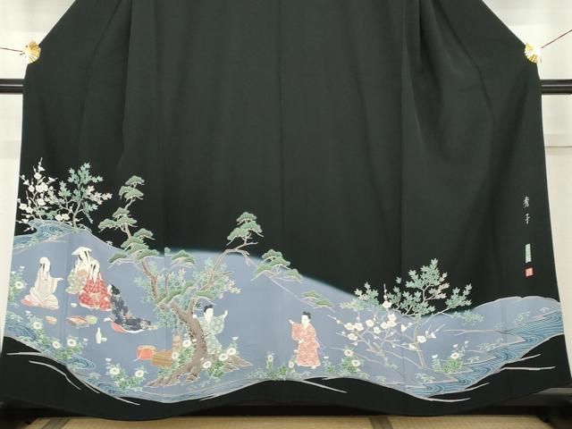 平和屋着物●本加賀友禅作家　浜谷豊右　豪華黒留袖　人物風景文　正絹　逸品　AABN9163cs