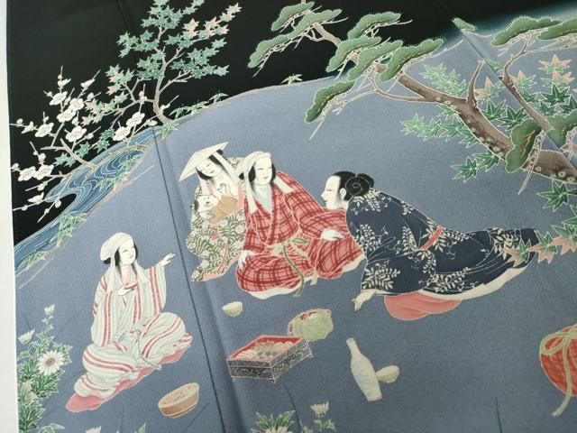 平和屋着物●本加賀友禅作家　浜谷豊右　豪華黒留袖　人物風景文　正絹　逸品　AABN9163cs