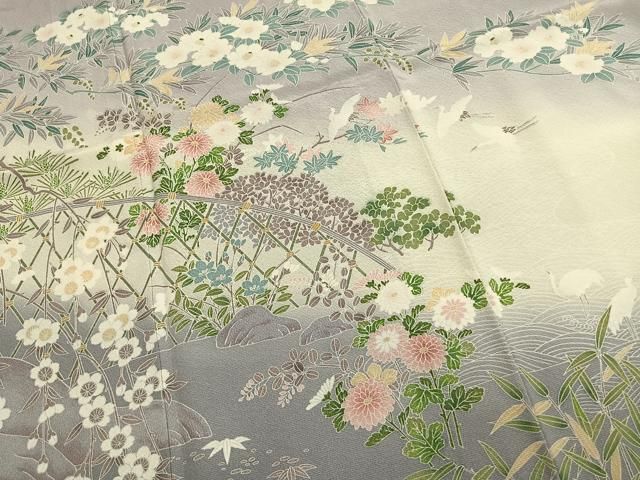 平和屋着物●訪問着　友禅　作家物　飛鶴枝花文　暈し染め　正絹　逸品　AABN9349fy