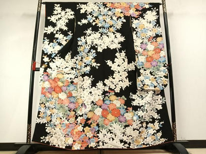平和屋着物●豪華振袖　草花文　黒地　金彩　正絹　逸品　AABN9351fy