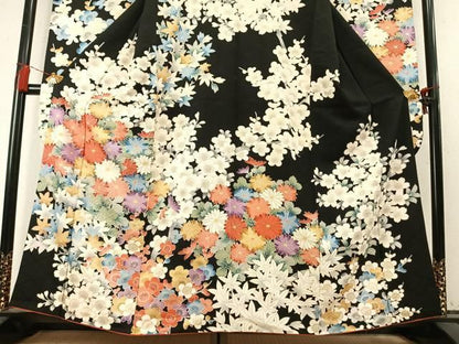 平和屋着物●豪華振袖　草花文　黒地　金彩　正絹　逸品　AABN9351fy