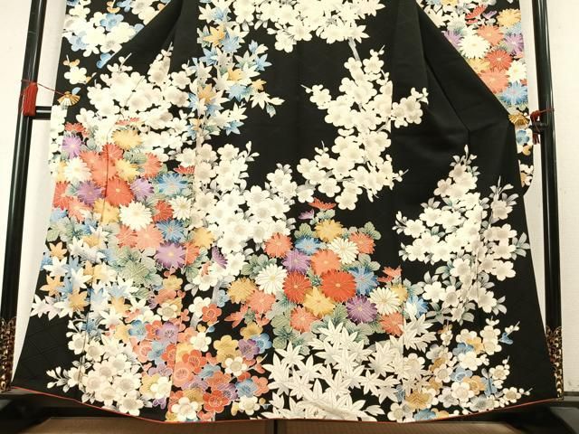 平和屋着物●豪華振袖　草花文　黒地　金彩　正絹　逸品　AABN9351fy