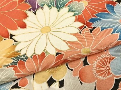 平和屋着物●豪華振袖　草花文　黒地　金彩　正絹　逸品　AABN9351fy
