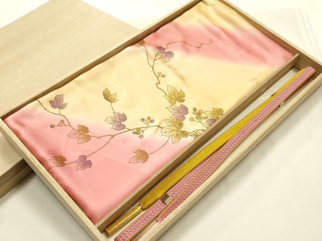 平和屋本店●和装小物　帯締め・帯揚げセット　平組　蔦の葉文　暈し染め　金糸　金彩　正絹　逸品　未使用　AABN9817ay