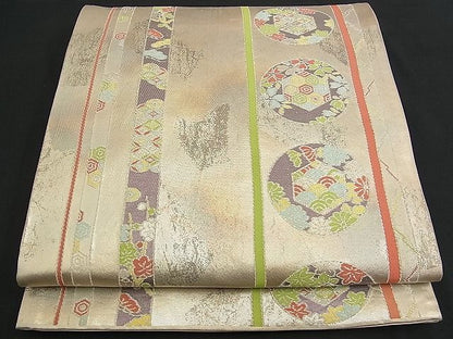 平和屋着物■六通柄袋帯 作家物 吉祥花丸文 銀糸 逸品 n-am0961