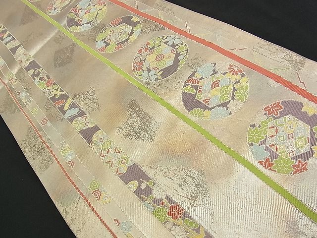 平和屋着物■六通柄袋帯 作家物 吉祥花丸文 銀糸 逸品 n-am0961