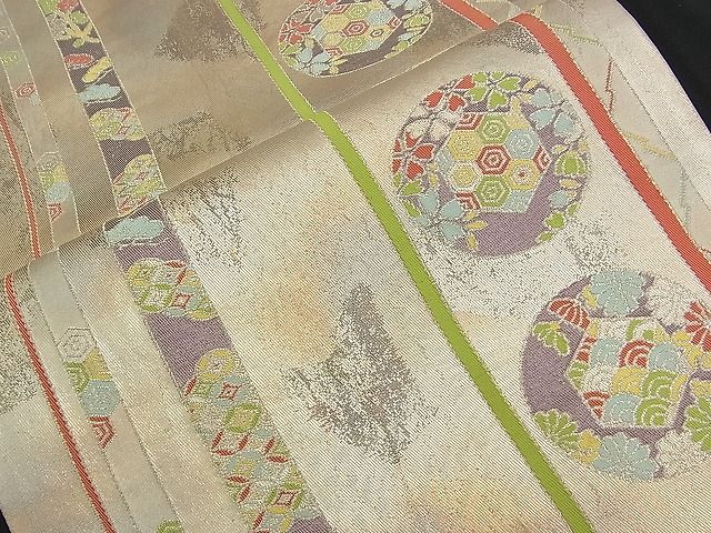 平和屋着物■六通柄袋帯 作家物 吉祥花丸文 銀糸 逸品 n-am0961