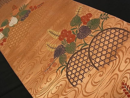 平和屋着物■六通柄袋帯 唐織 流水籬草花文 蘭錦 逸品 n-am0980
